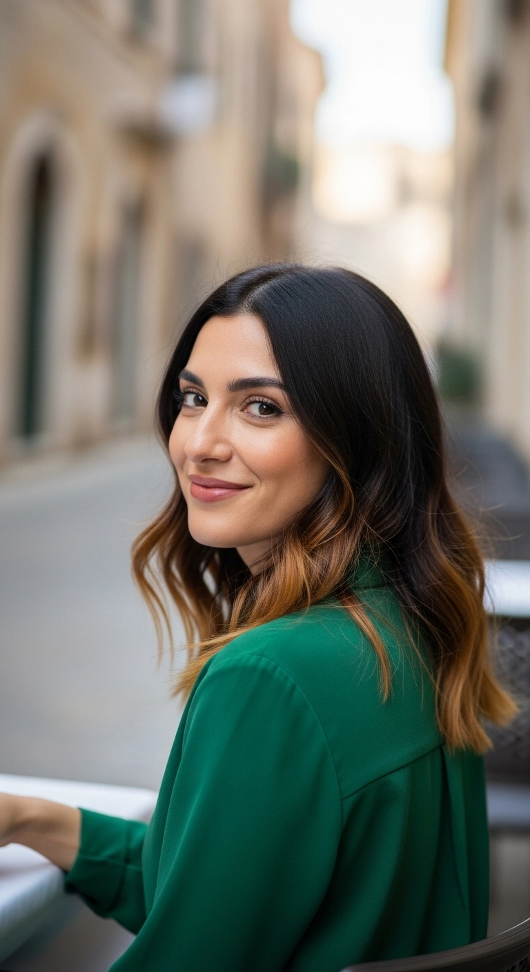 Effortless Caramel Balayage Shoulder-Length Waves