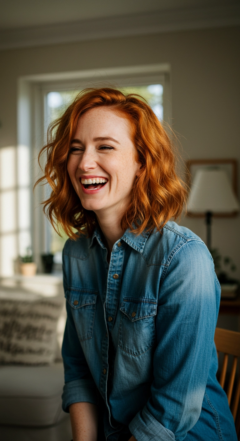 Effortless Copper Wavy Lob with Side-Swept Volume