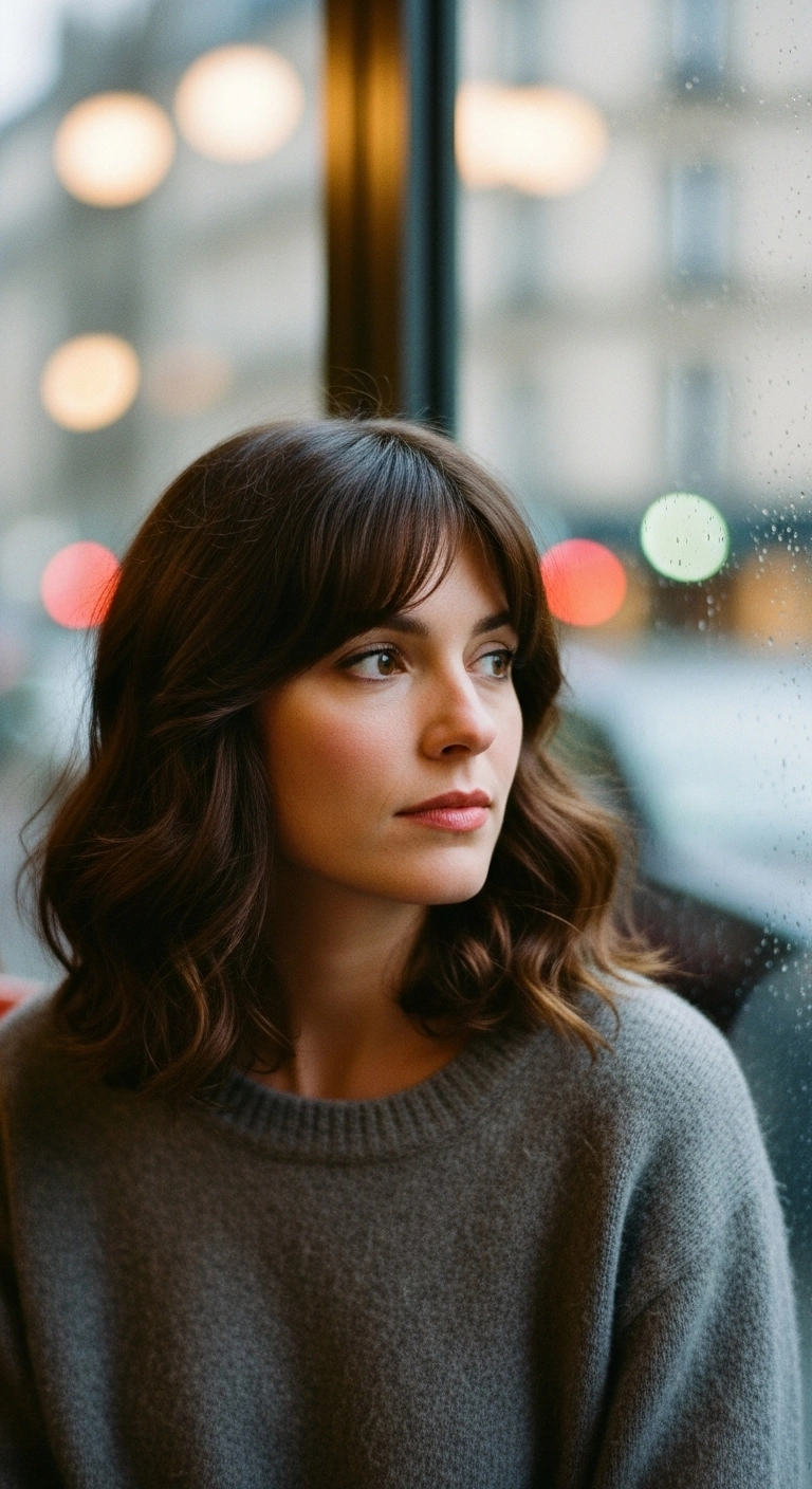 Effortless Chocolate Brown Lob with Curtain Bangs