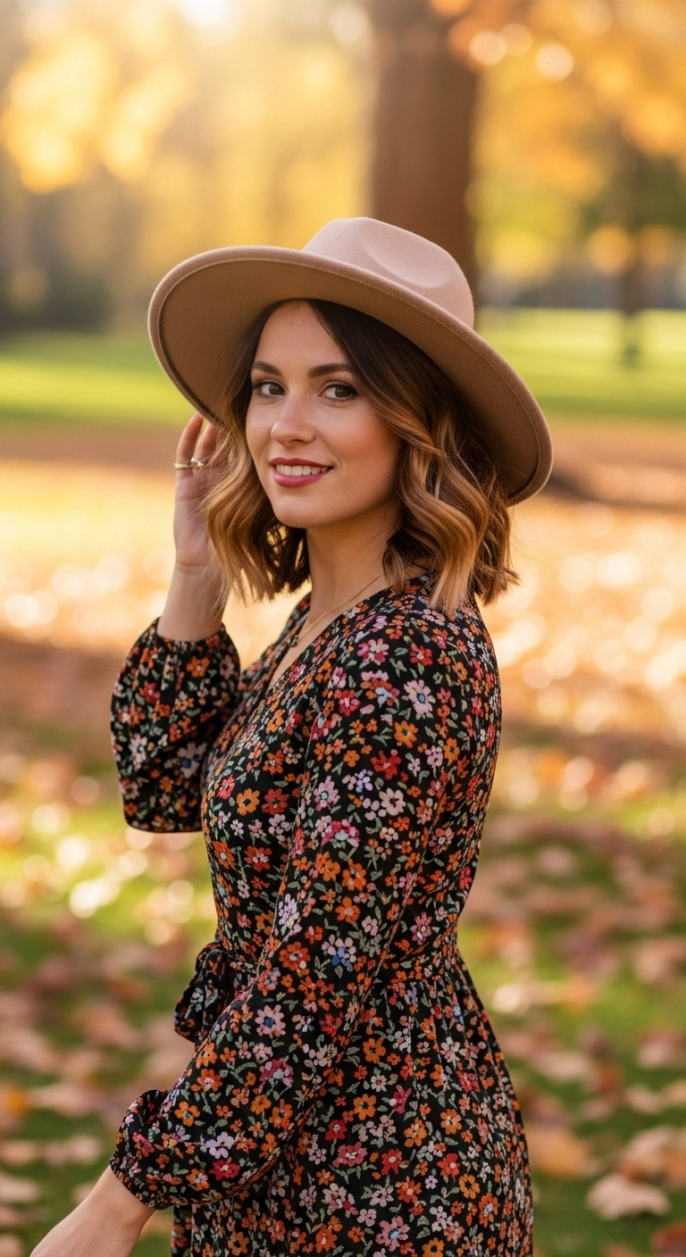 Warm Honey Balayage Wavy Lob with Autumn Fedora