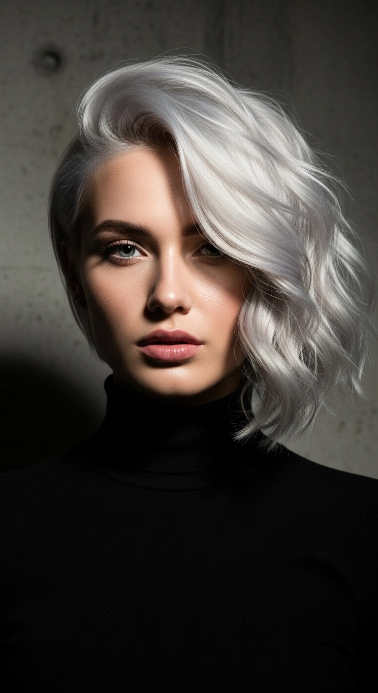Icy Silver Platinum Asymmetrical Wavy Bob
