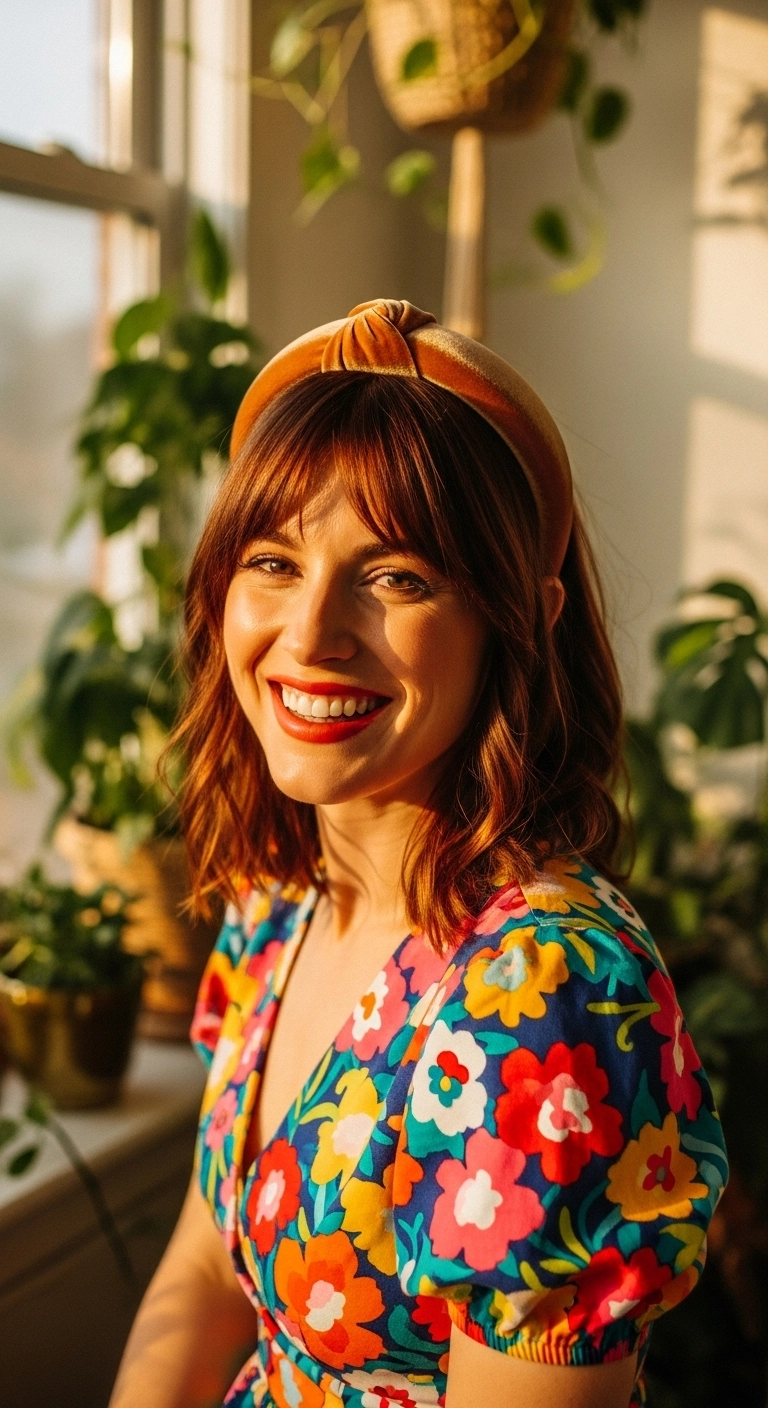 Warm Copper Wavy Lob with Wispy Bangs and Knotted Headband