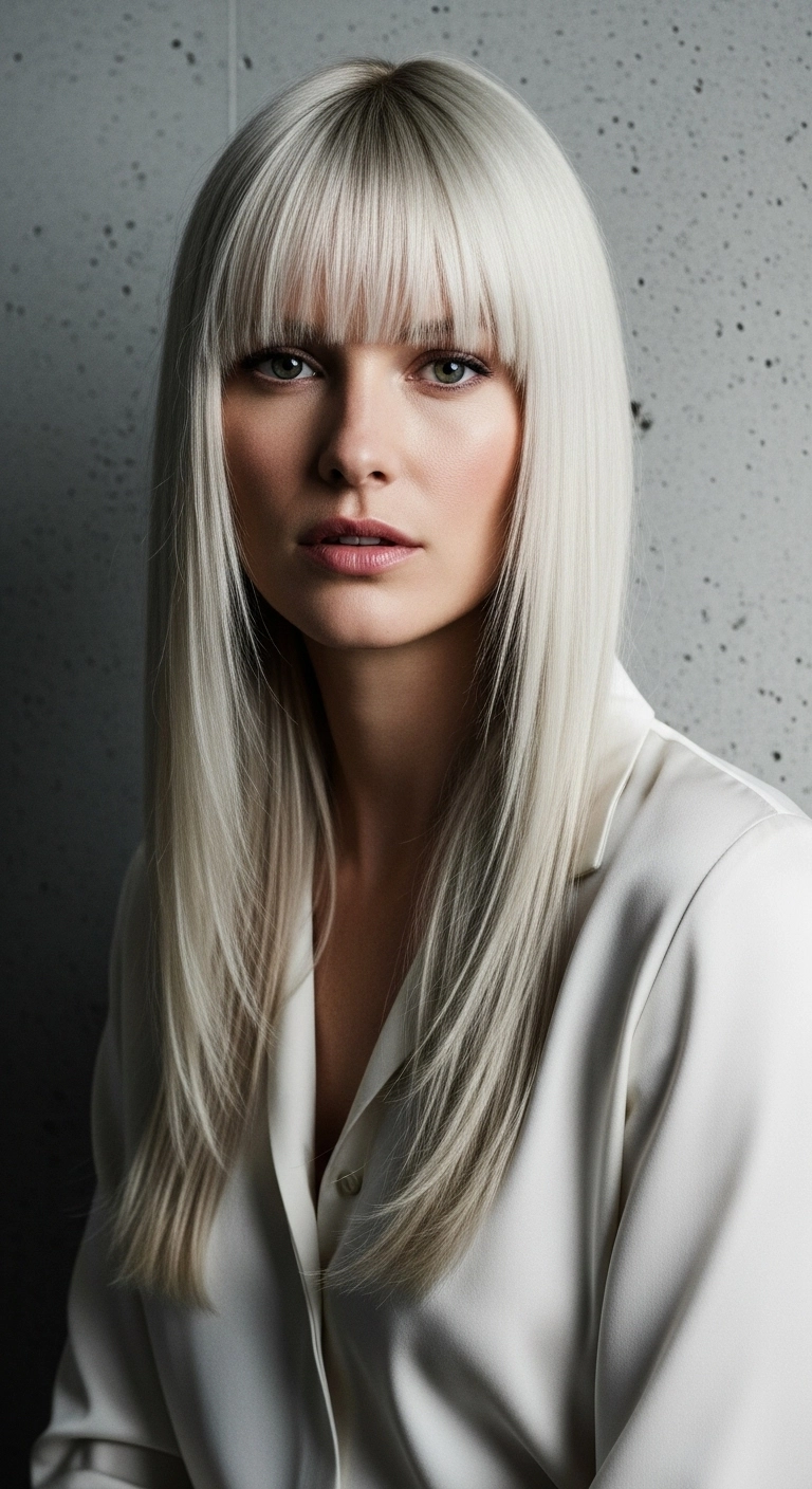 Sleek Icy Platinum Blonde with Full Wispy Bangs