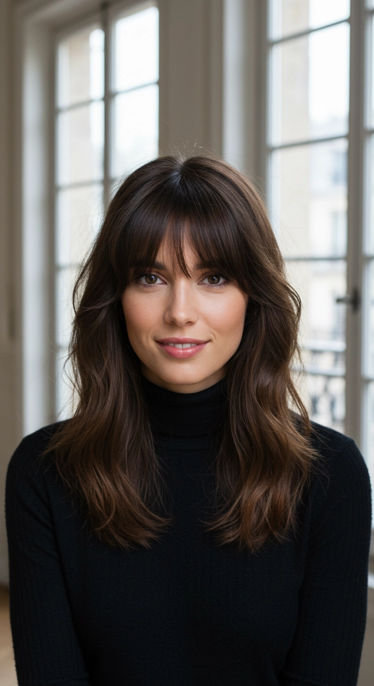 Effortless French-Girl Chocolate Brown Blowout with Curtain Bangs