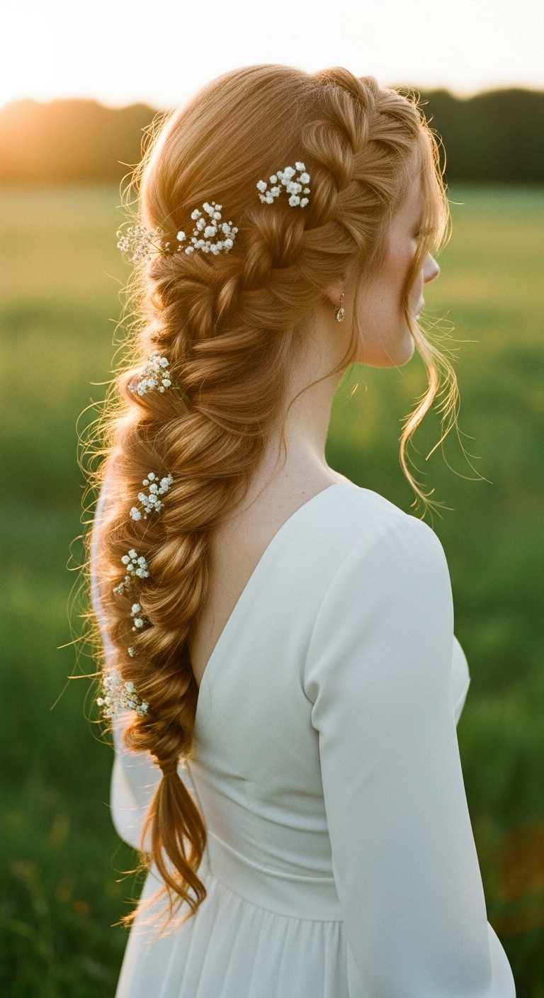 Romantic Pancaked Dutch Fishtail Braid with Baby's Breath