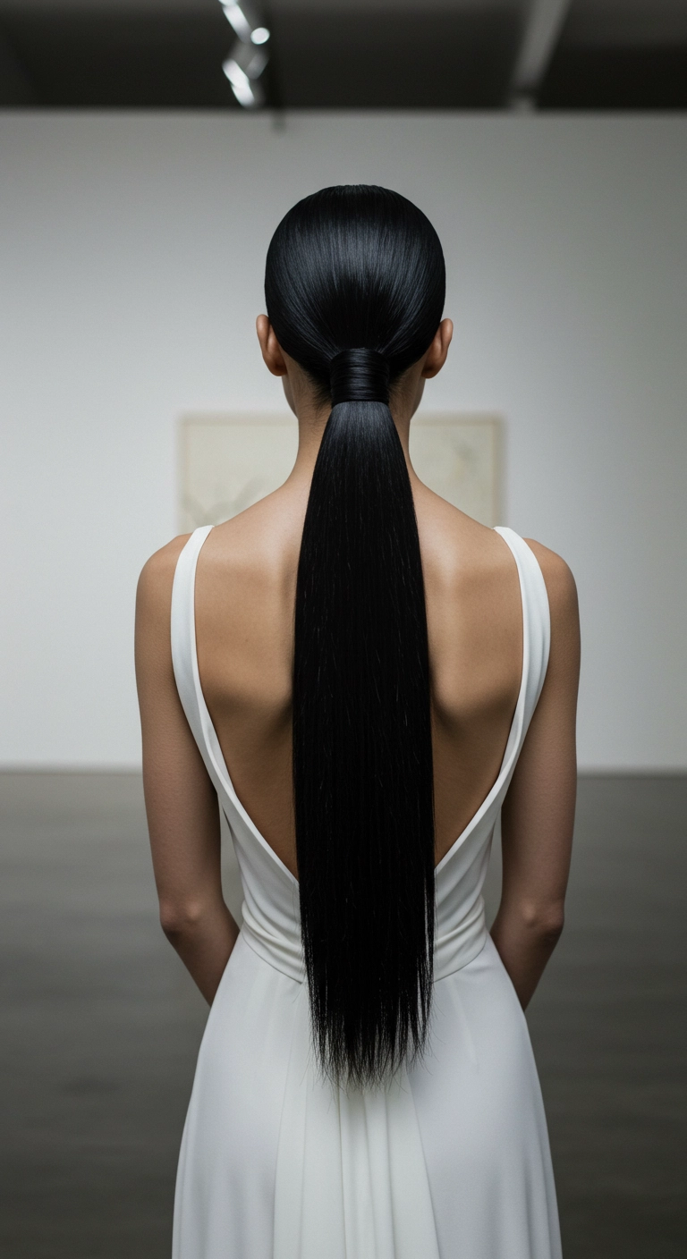 Ultra-Sleek Glass Low Ponytail with Wrapped Band