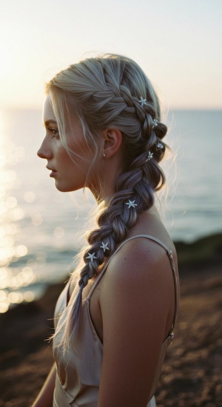 Icy Platinum Mermaid Side Braid with Starfish Pins