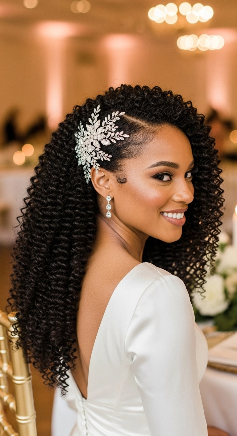 Glamorous Bridal Side-Parted Defined Curls with Sparkling Hairpiece