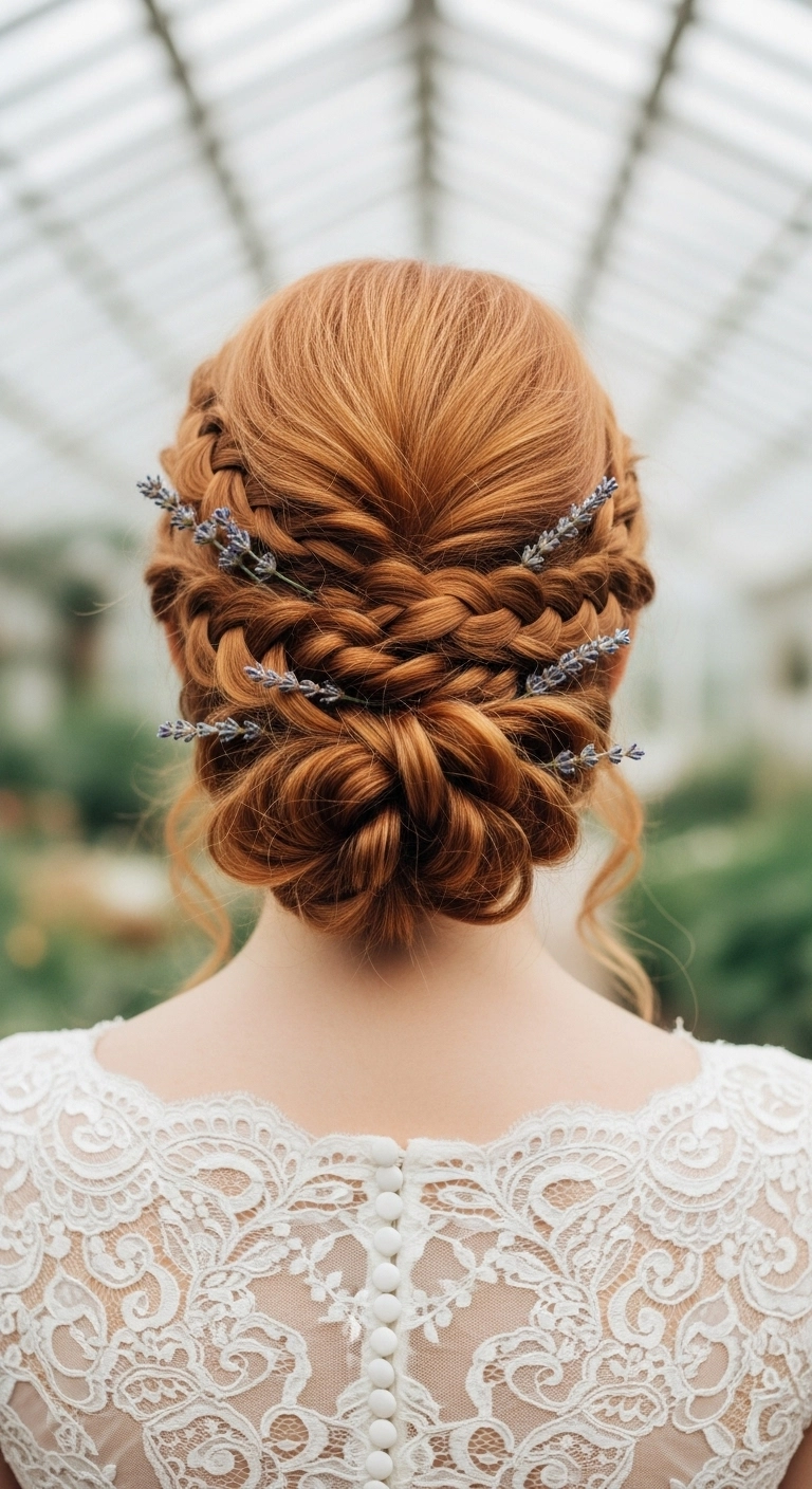 Romantic Copper Braided Bridal Chignon with Lavender Accents