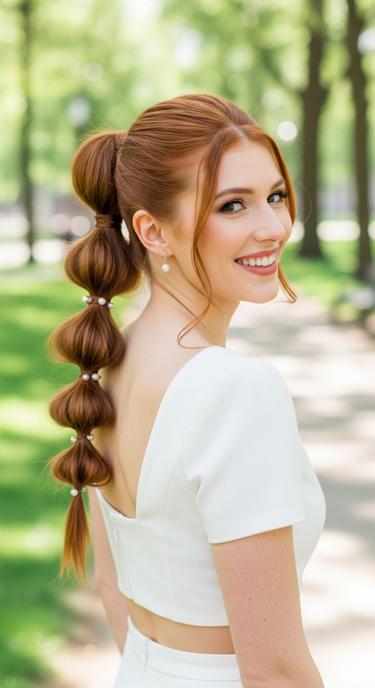 Chic Pearl-Accented Bubble Ponytail in Vibrant Copper