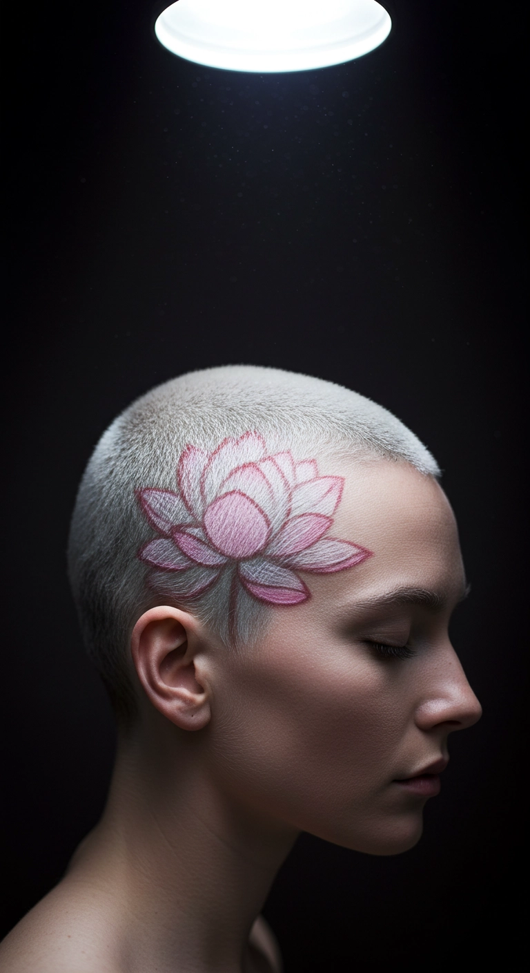 Platinum Buzz Cut with Lotus Flower Hair Art