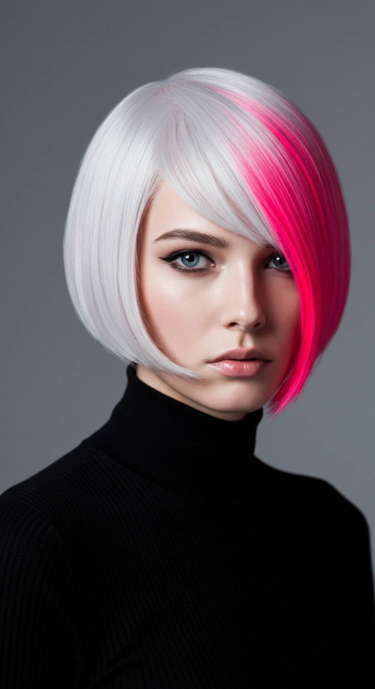 Icy White Sleek Bob with Neon Pink Color Block Panel