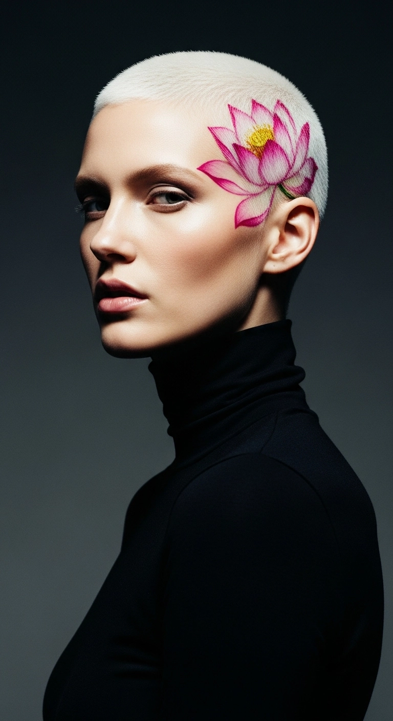 Platinum Buzz Cut with Painted Lotus Hair Art