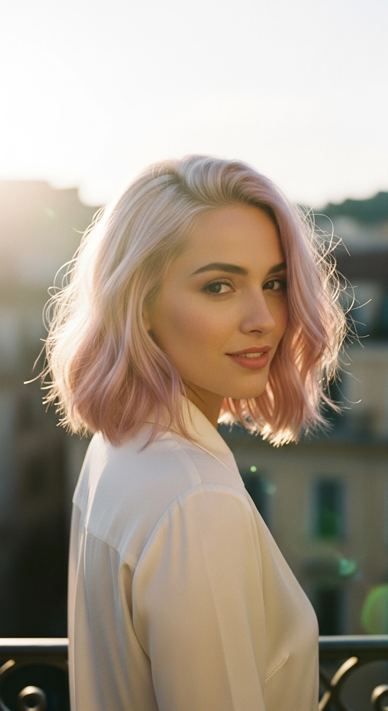 Soft Pastel Pink Textured Wavy Lob