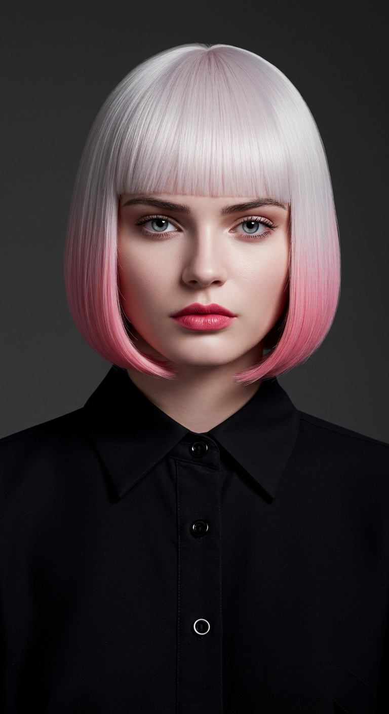 Icy Platinum Blunt Bob with Pastel Pink Dip-Dye Ends and Full Bangs