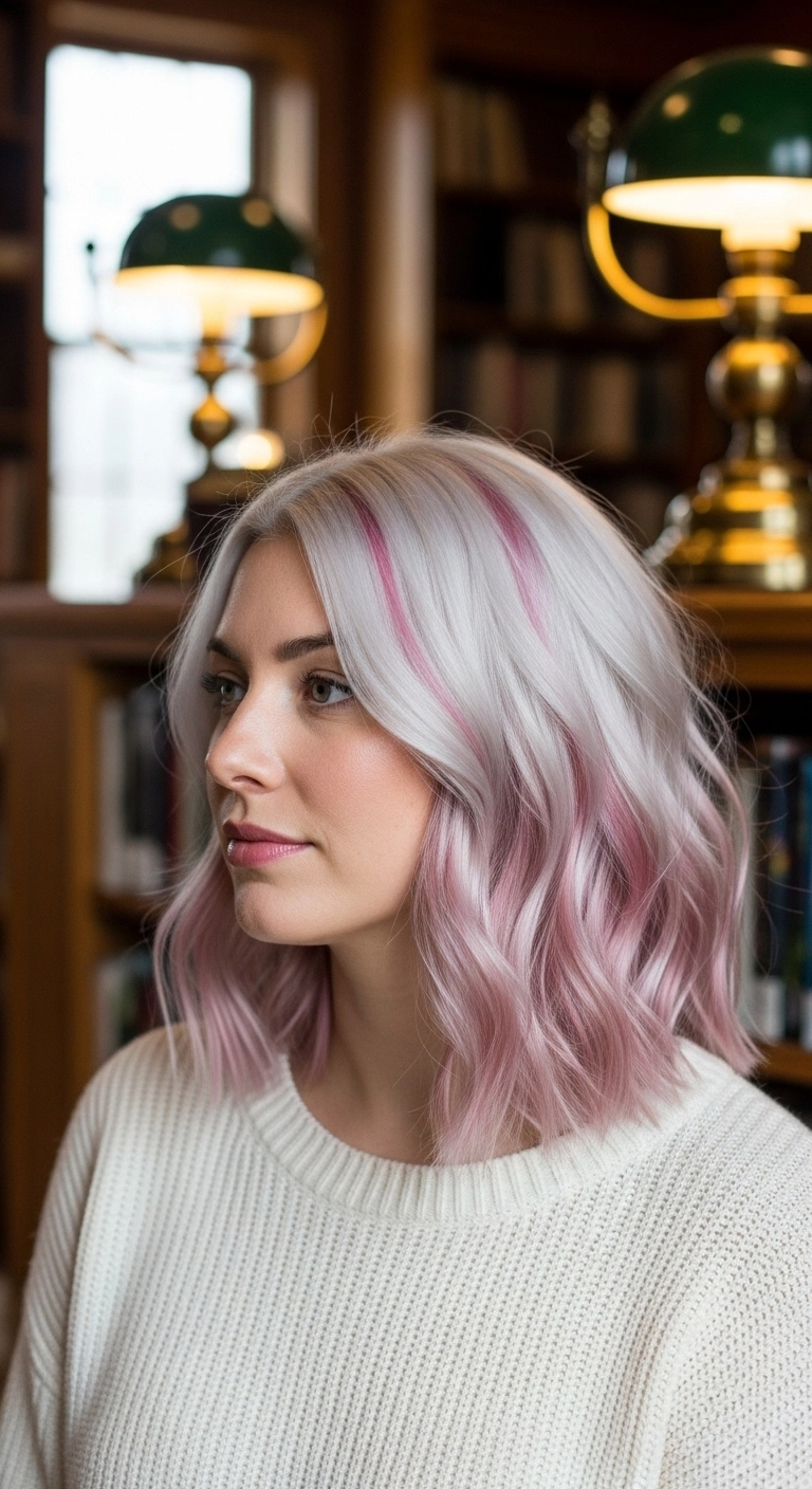 Icy Platinum Lob with Pops of Bubblegum Pink