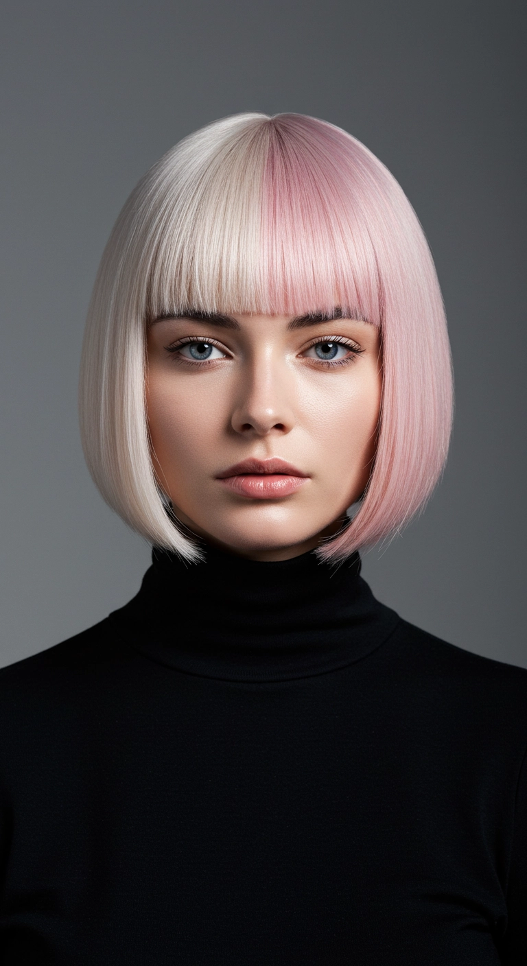 Pastel Pink and Platinum Split Dye Graphic Blunt Bob