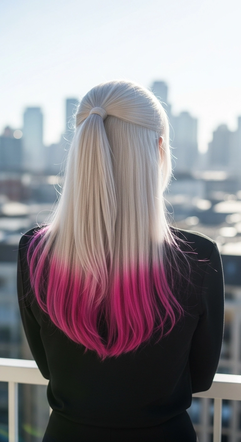 Platinum Half-Up Ponytail with Hot Pink Dip-Dye Ends