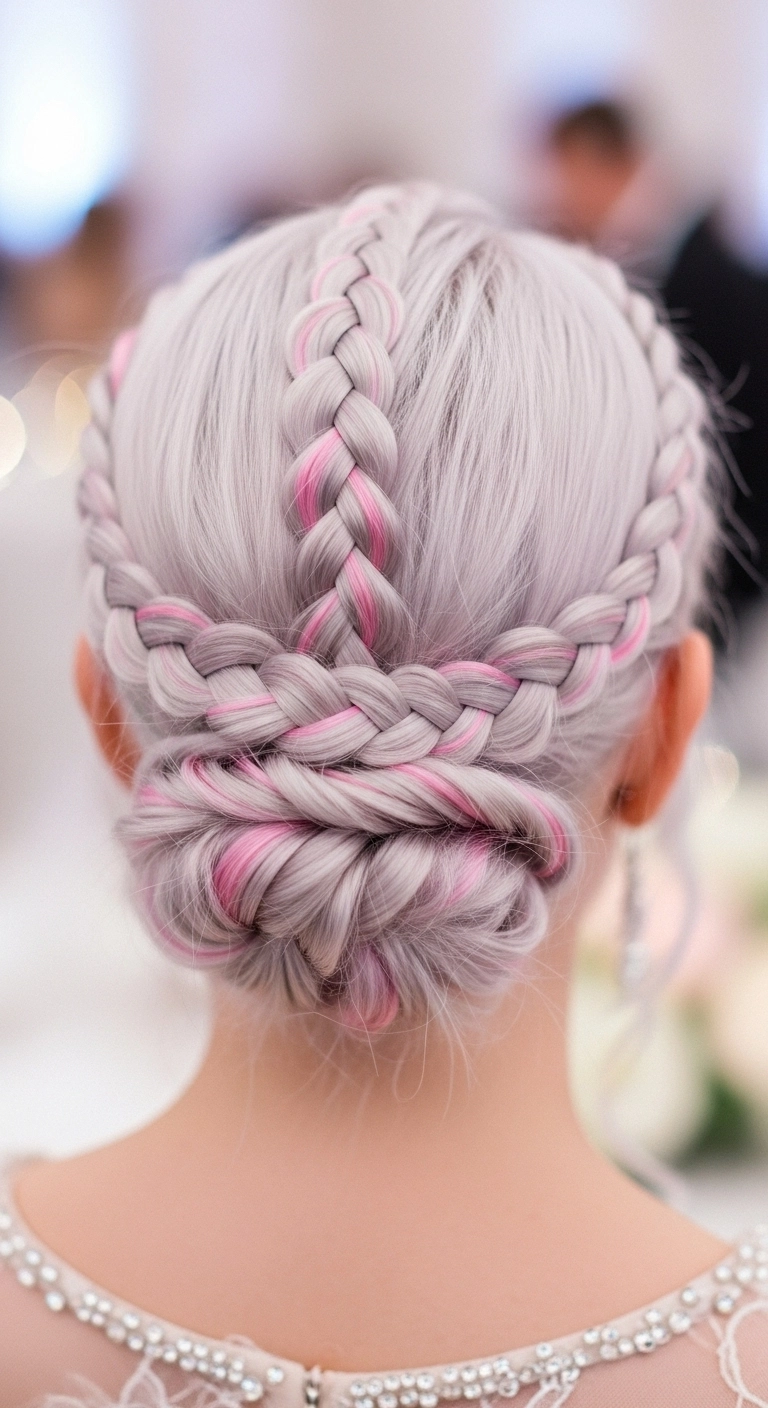 Icy Silver and Pink Braided Chignon Updo