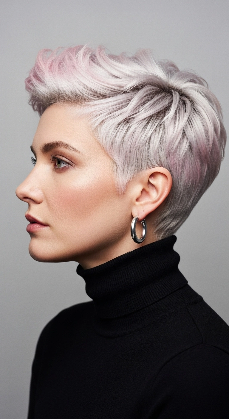 Icy Platinum Pixie Cut with Rose Pastel Quiff