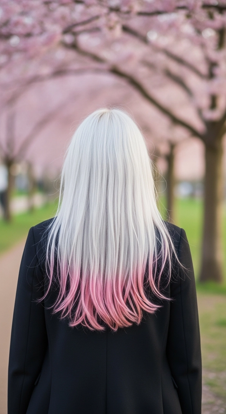 Icy Platinum Long Straight Hair with Pastel Pink Dip Dye