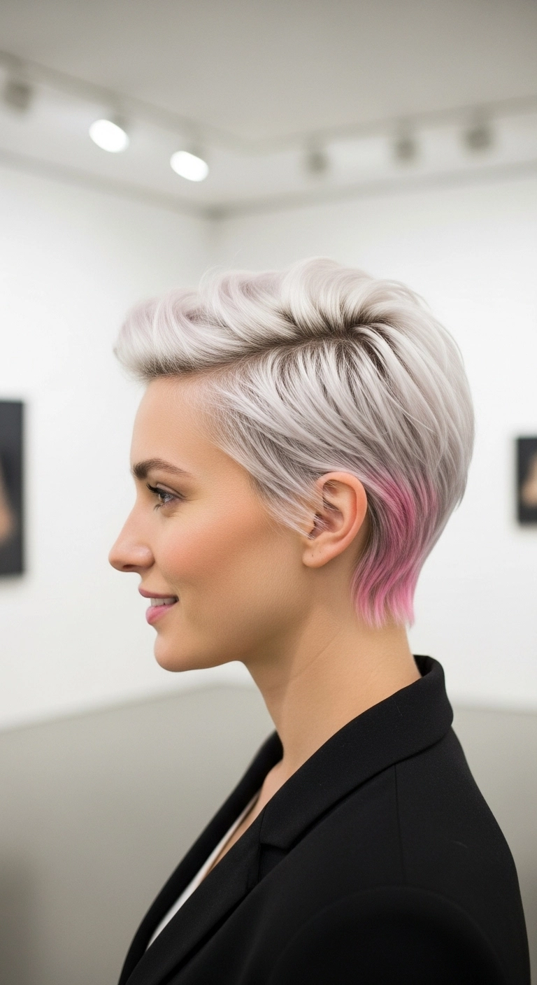 Icy Platinum Pixie Cut with Hidden Pastel Pink Nape Accent