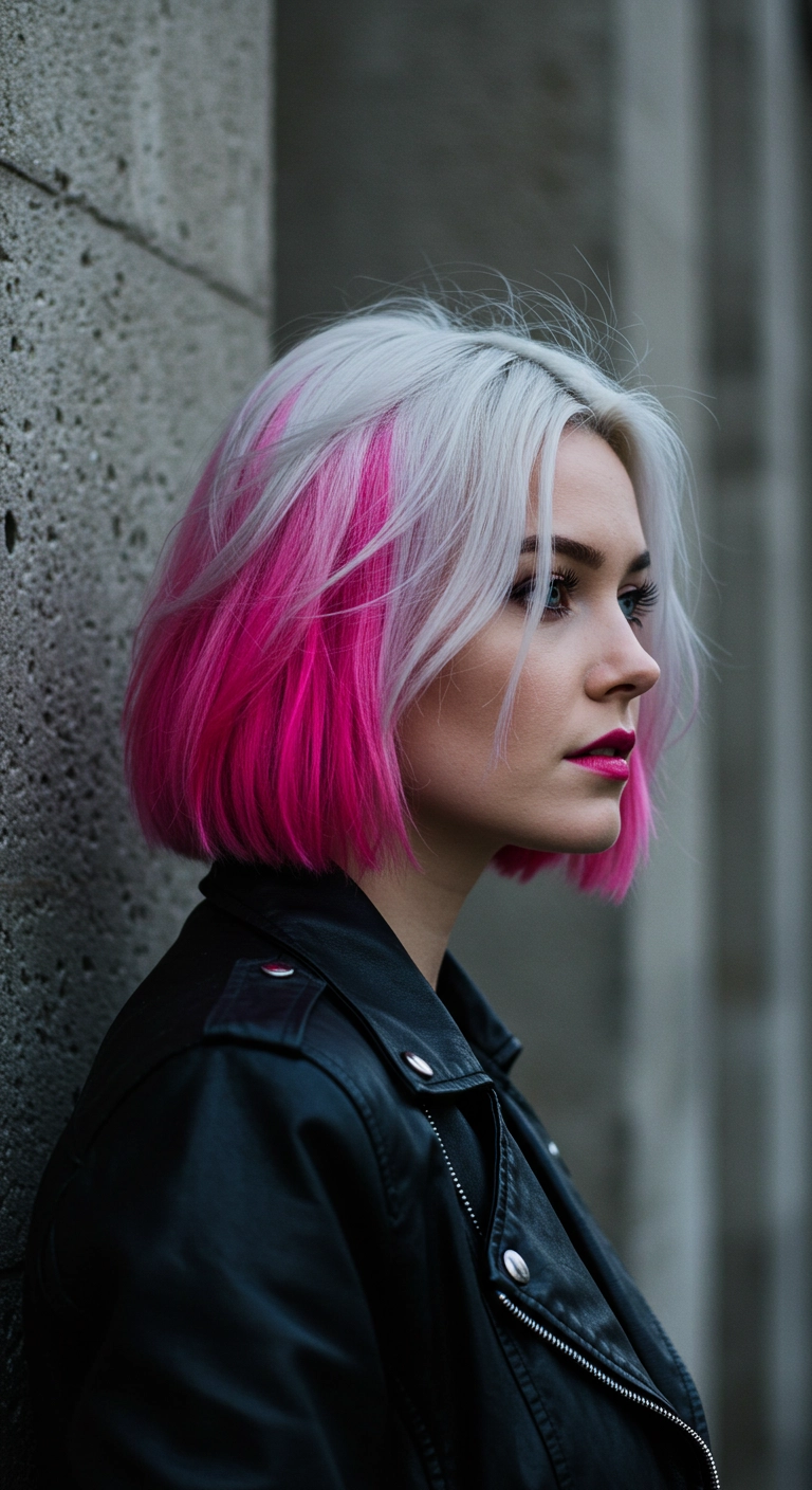 Icy Platinum Blunt Bob with Neon Pink Peekaboo Underlights