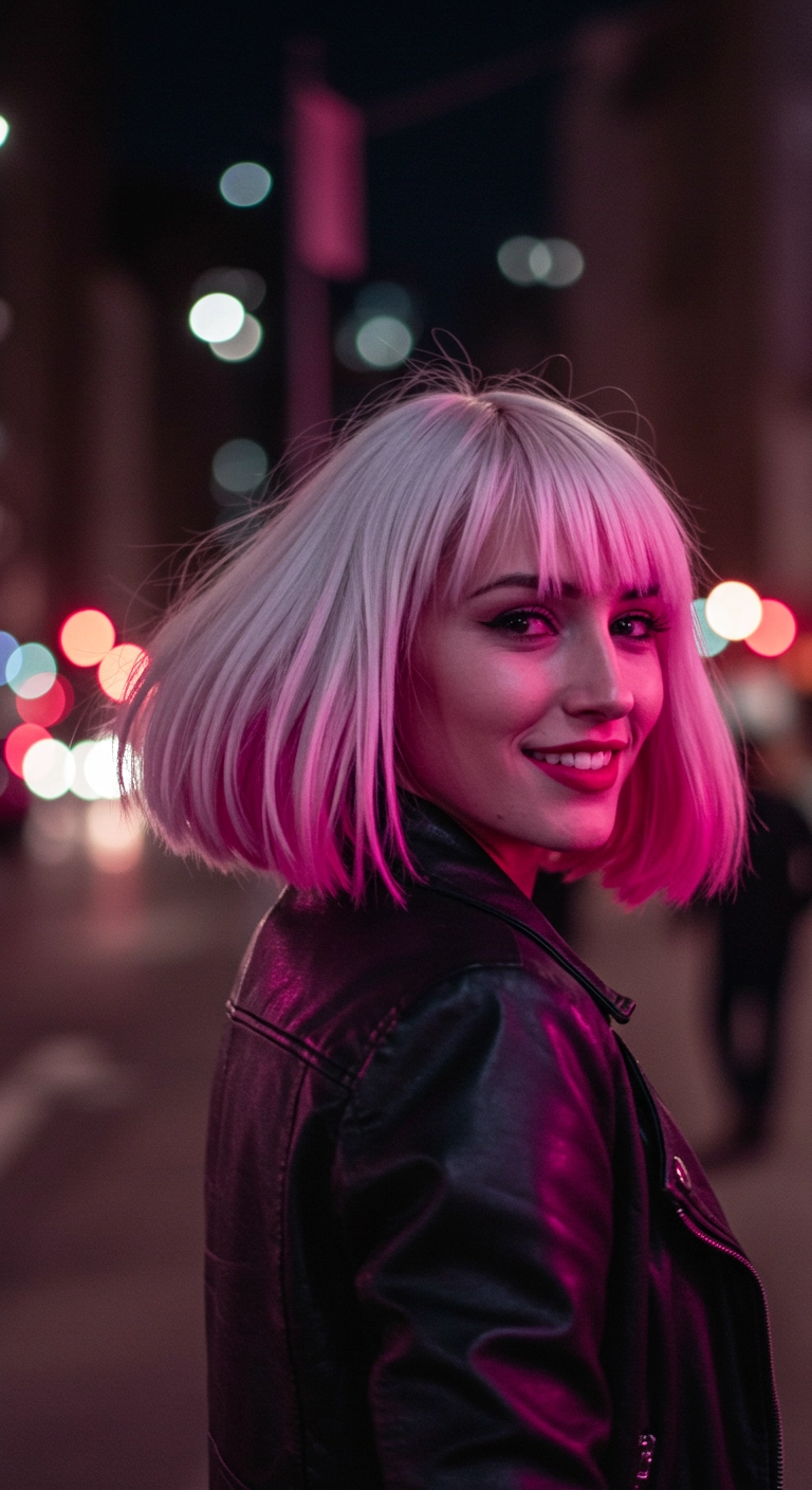 Icy Platinum Blunt Bob with Wispy Bangs