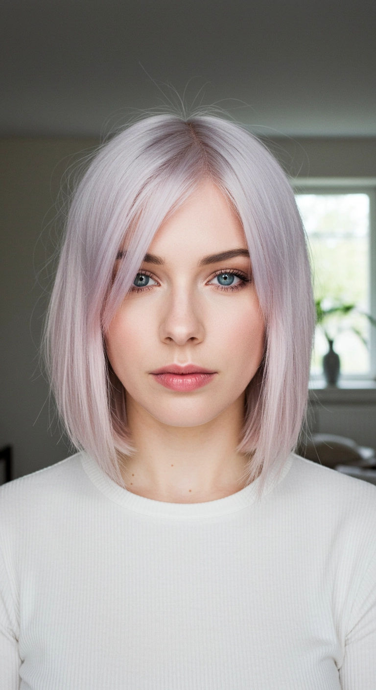 Icy Pastel Lavender Sleek Lob with Face-Framing Fringe