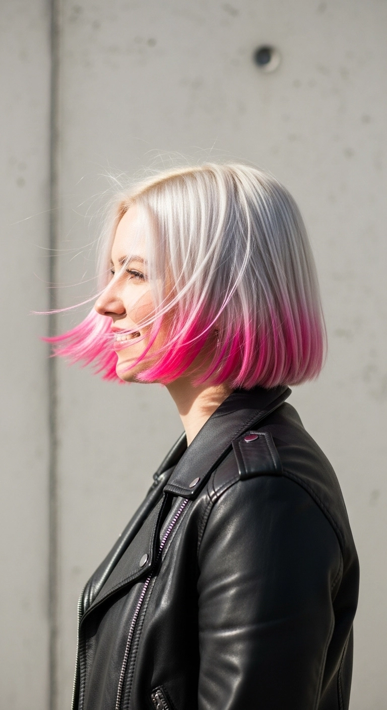 Icy Platinum Blunt Bob with Neon Pink Dip Dye