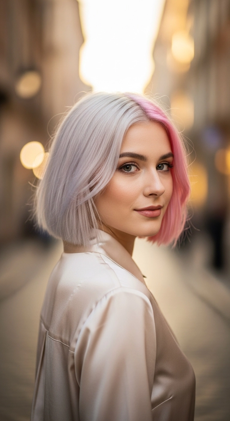 Pastel Pink and Platinum Split Dye Blunt Bob