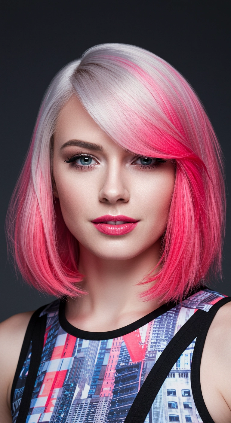 Platinum Lob with Electric Pink Ombre and Side-Swept Bangs