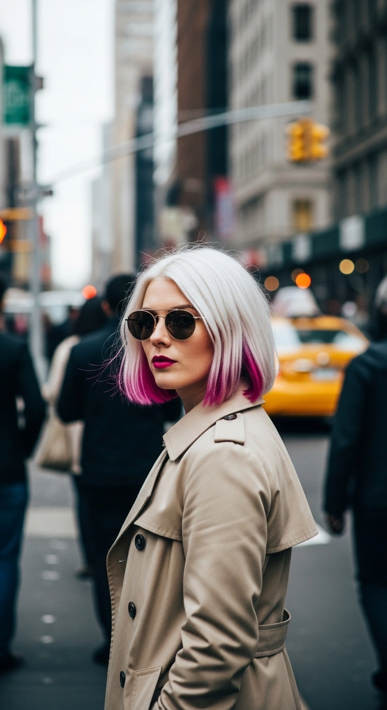 Icy Platinum Blunt Bob with Magenta Dip-Dye Tips