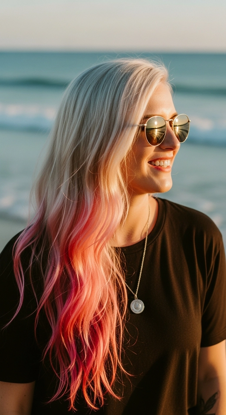 Platinum Blonde with Pink Dip-Dyed Beach Waves
