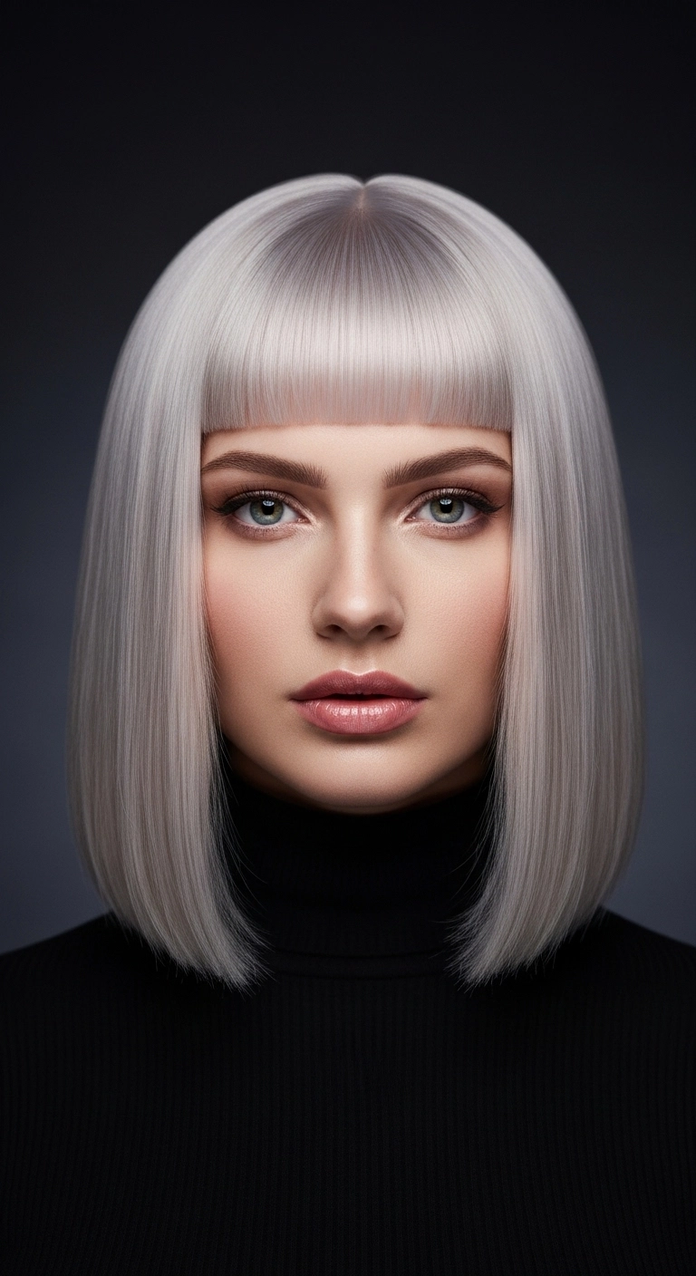 Icy Platinum Blunt Lob with Precision Bangs
