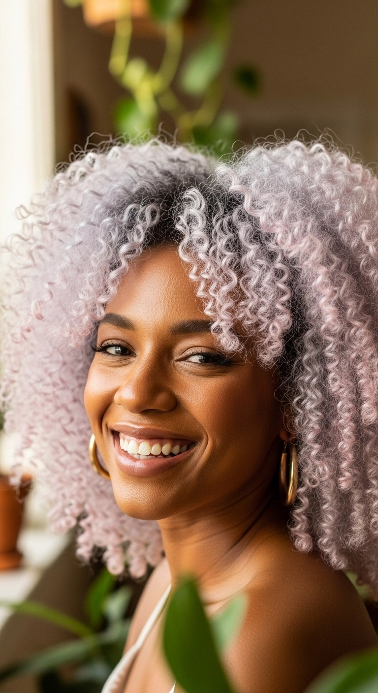 Frosted Lavender Curly Afro with Rounded Fringe