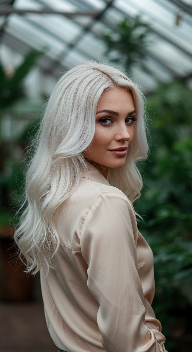 Icy Platinum Blonde Cascading Waves with Curtain Layers