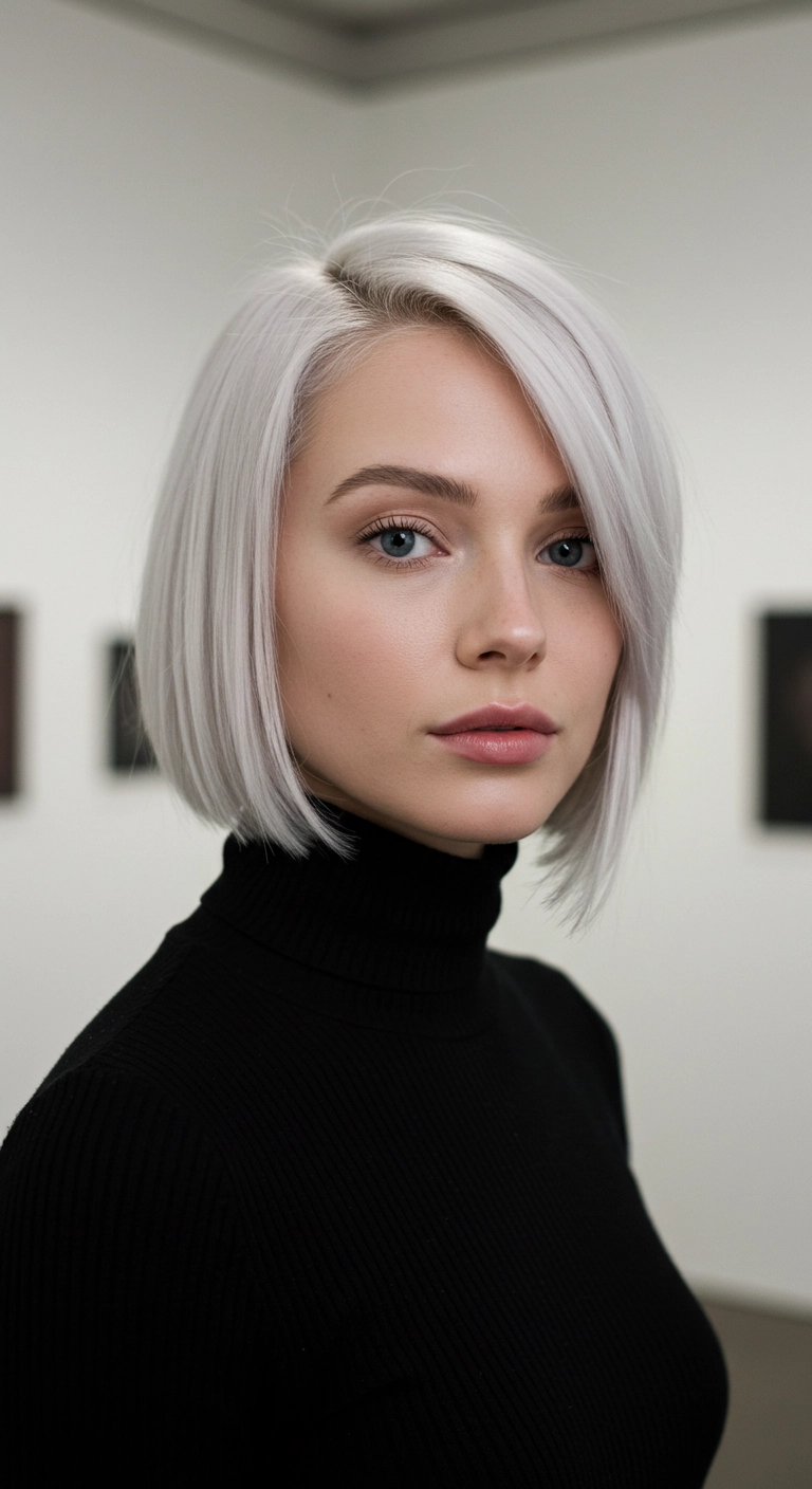 Icy Platinum Asymmetrical Blunt Bob