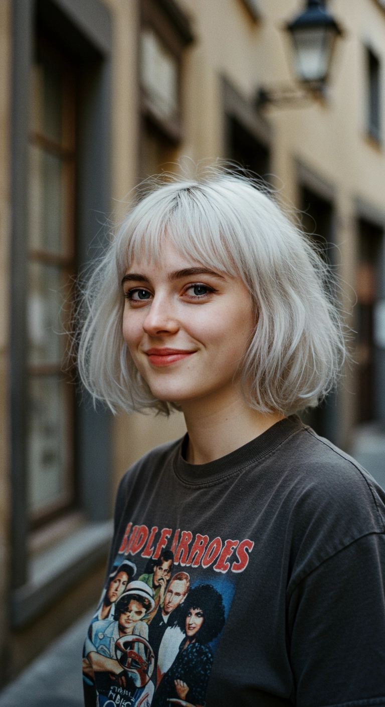 Icy Platinum French Bob with Wispy Bangs