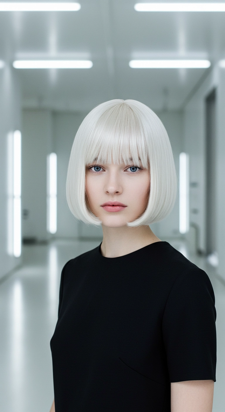 Futuristic Platinum White Classic Chin Bob with Straight Bangs