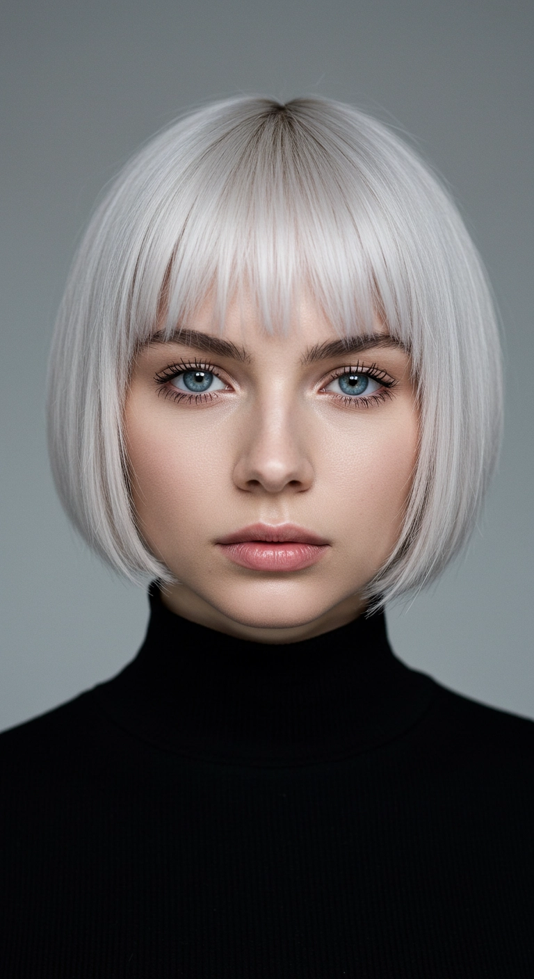 Icy Platinum Jawline Bob with Wispy Fringe