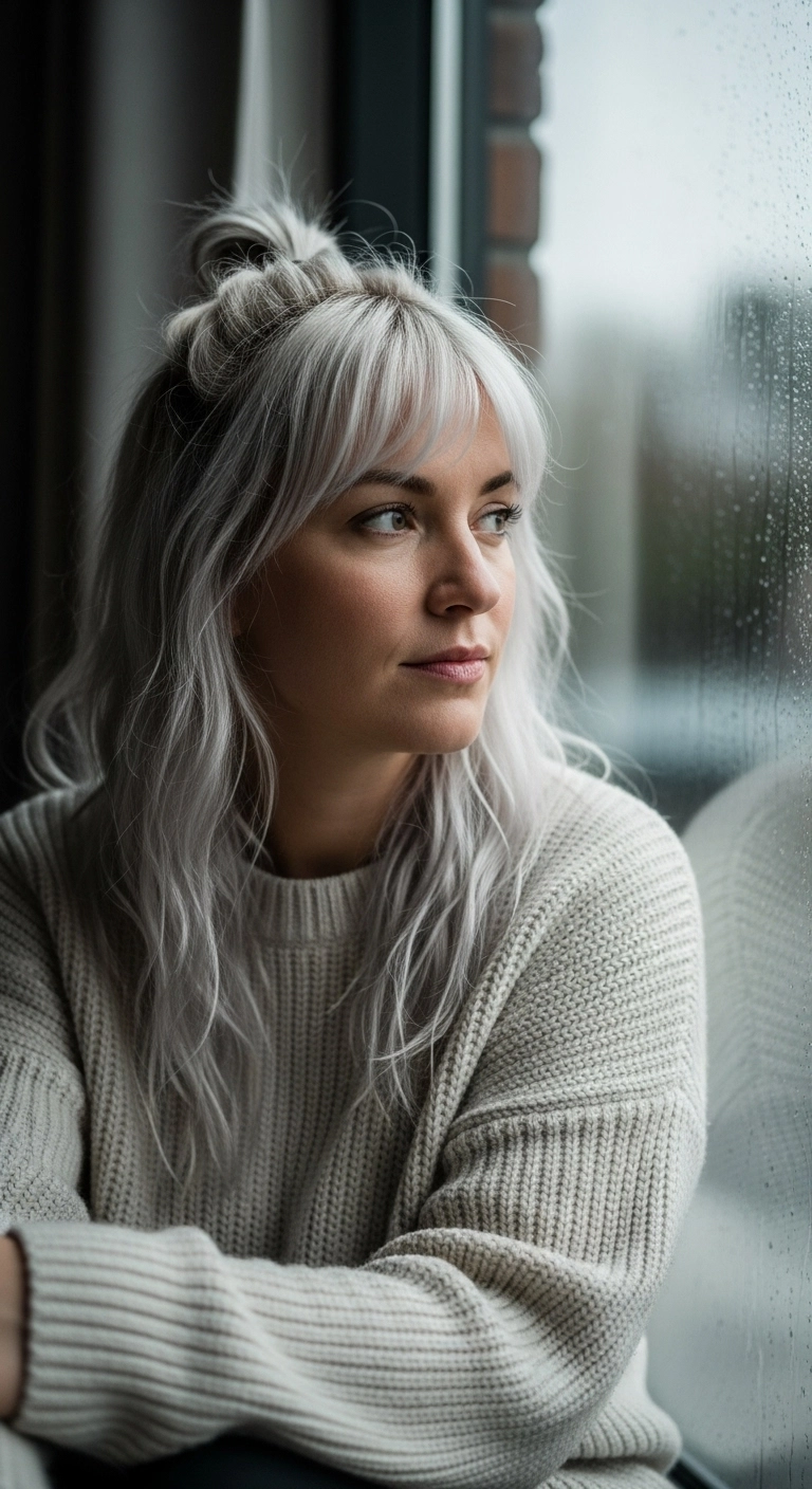 Icy Silver Platinum Lob with Half-Up Top Knot and Wispy Bangs