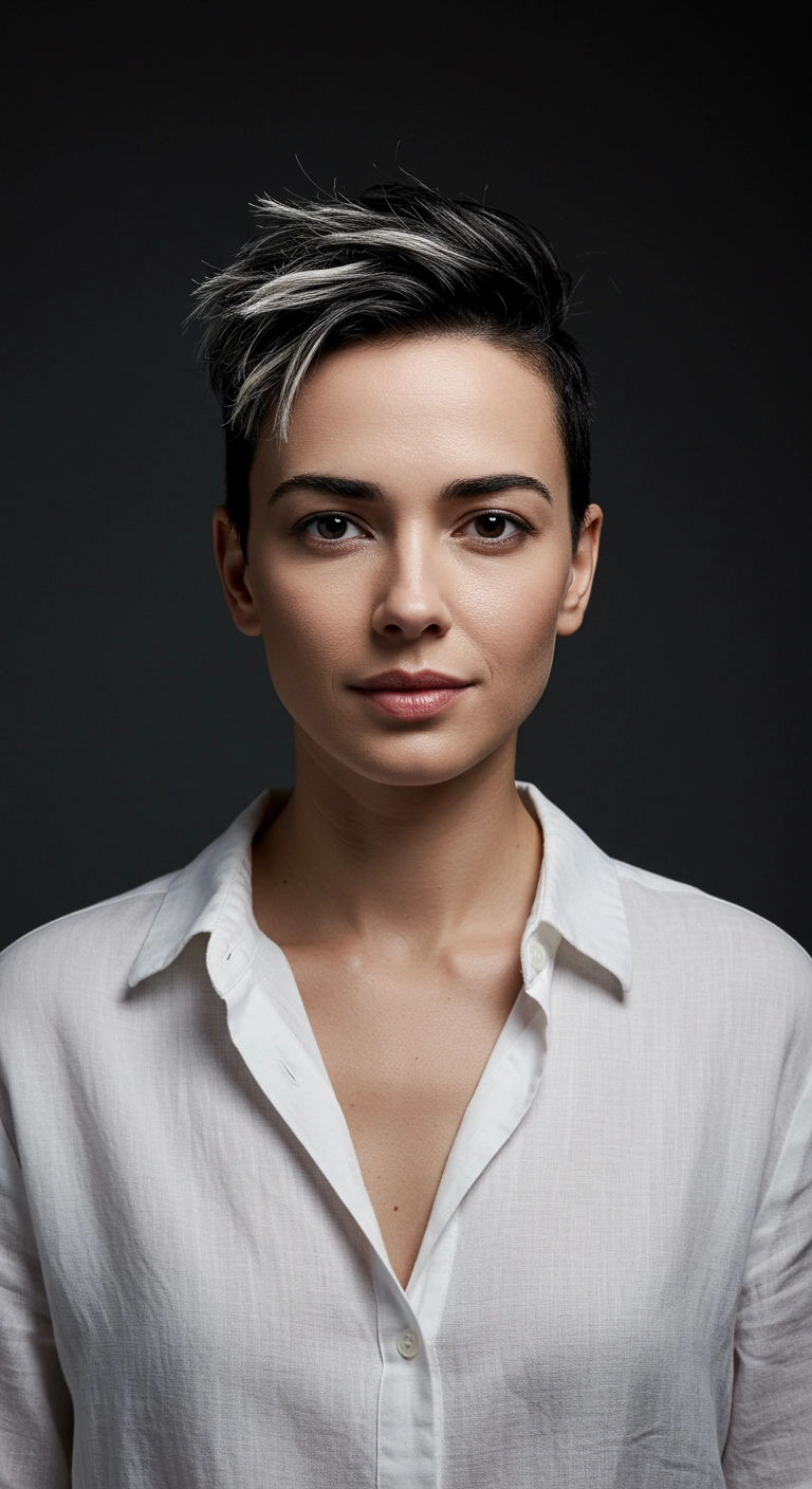 Edgy Tapered Pixie Cut with Icy Silver Frosted Streaks