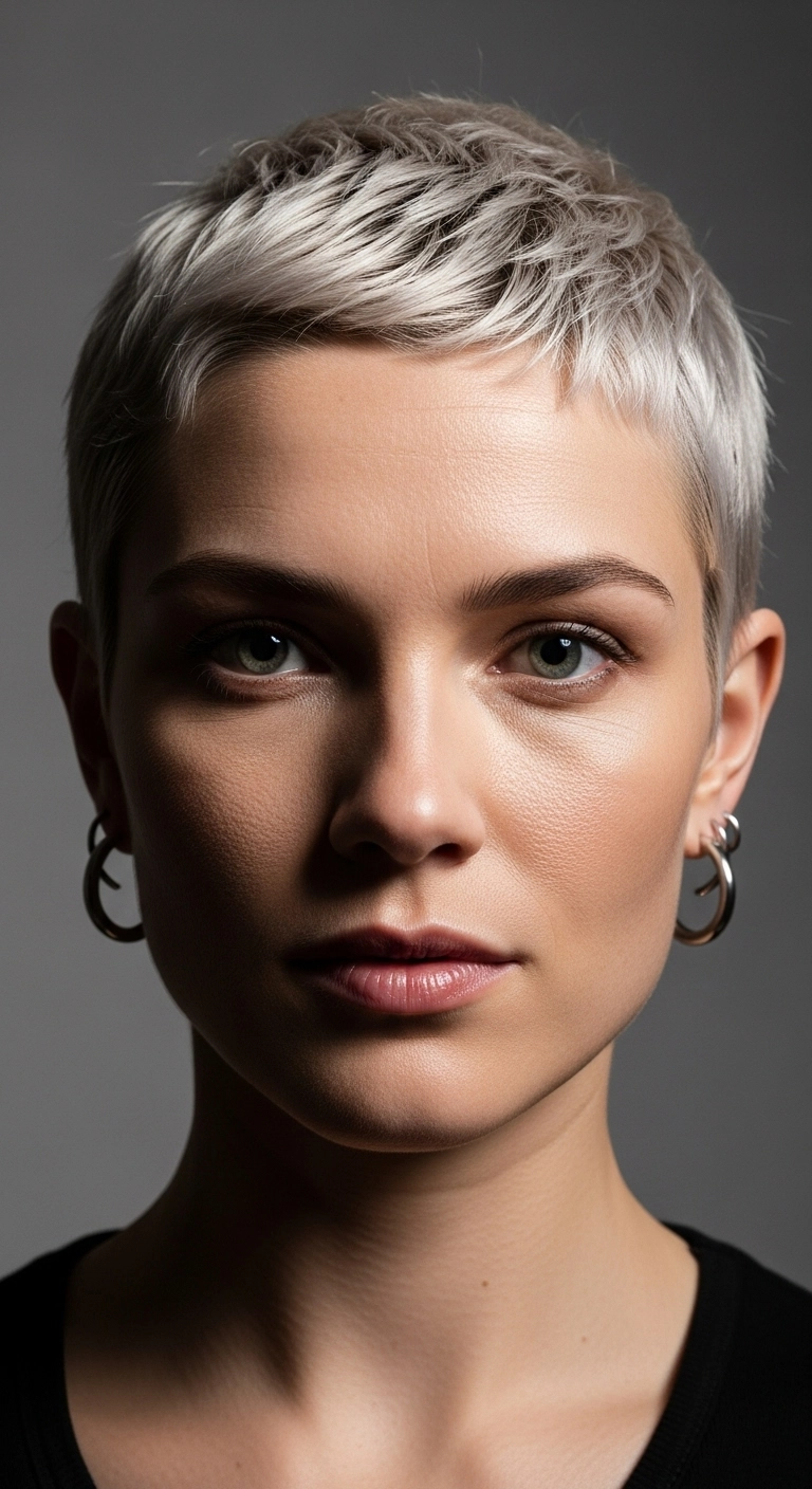 Icy Platinum Textured Pixie Crop with Micro Bangs