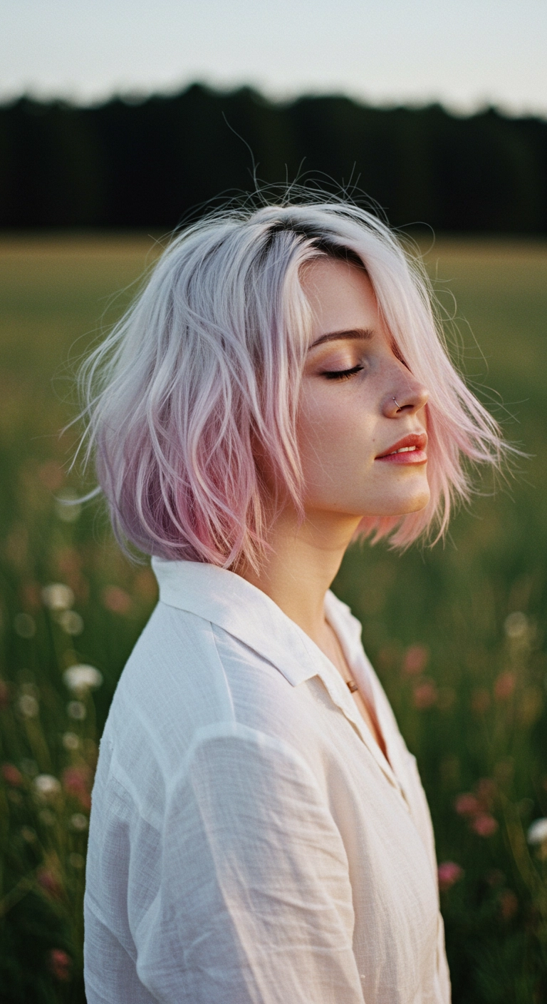 Icy Platinum Bob with Pastel Pink Dip Dye