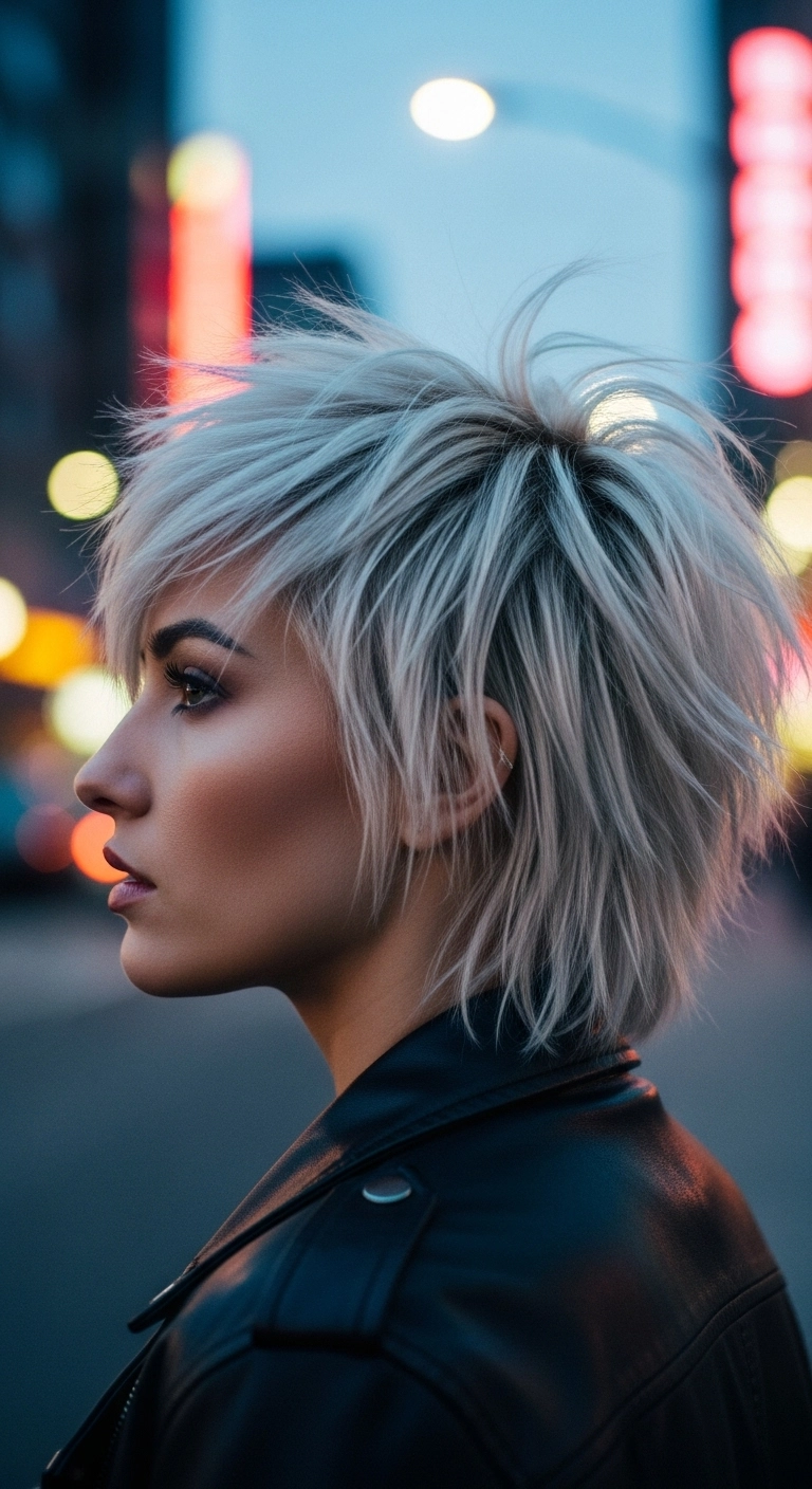 Icy Silver Choppy Pixie Mullet with Shadow Root
