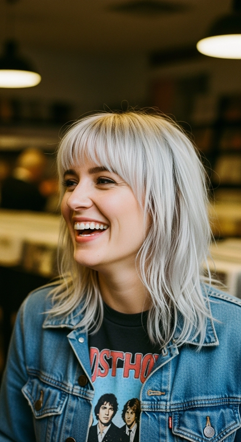 Icy Platinum Shag Lob with Wispy Bangs