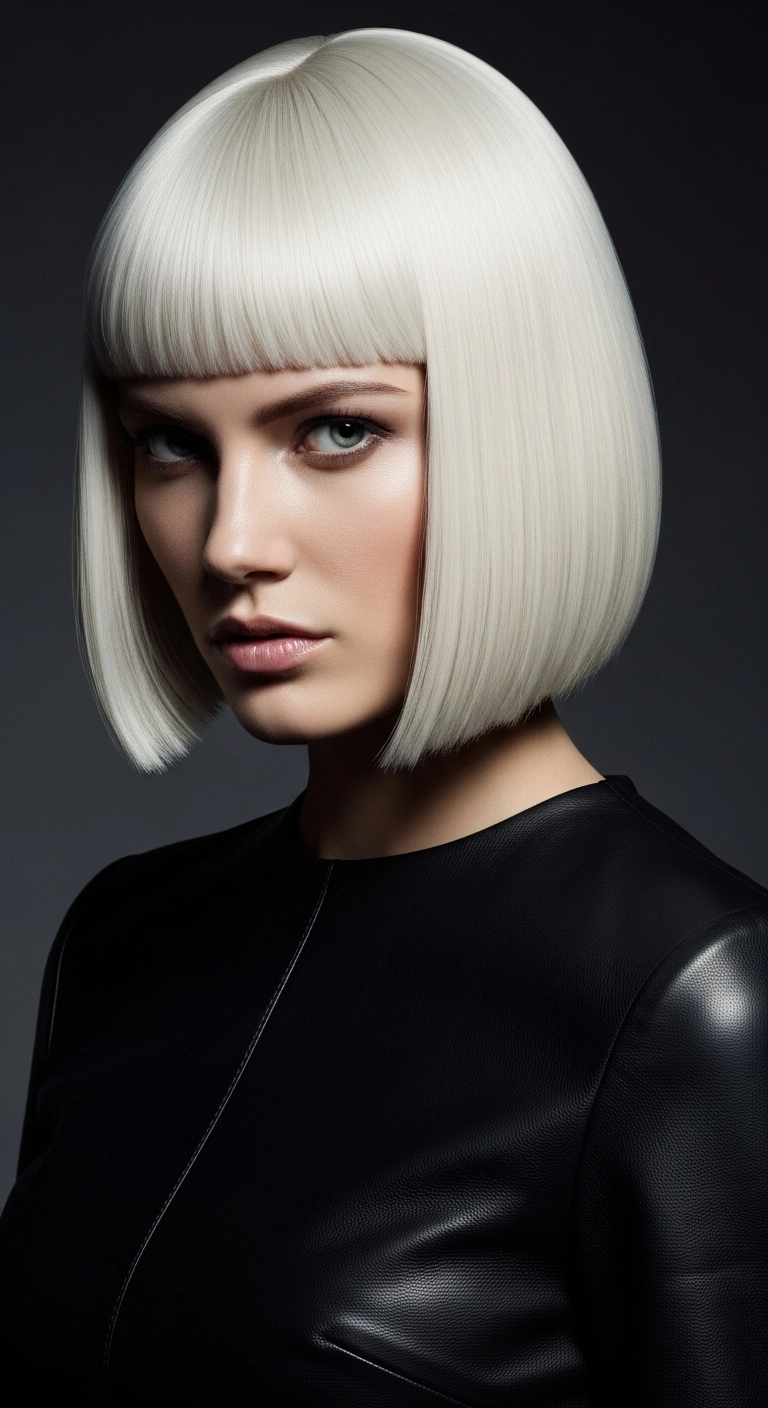 Icy Platinum Blunt Bob with Geometric Bangs