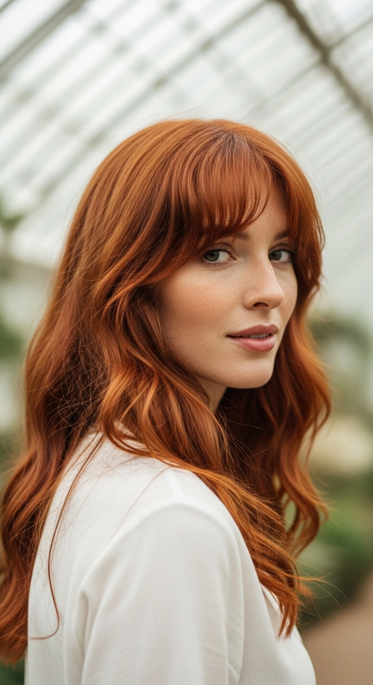 Warm Copper Waves with Soft Curtain Bangs