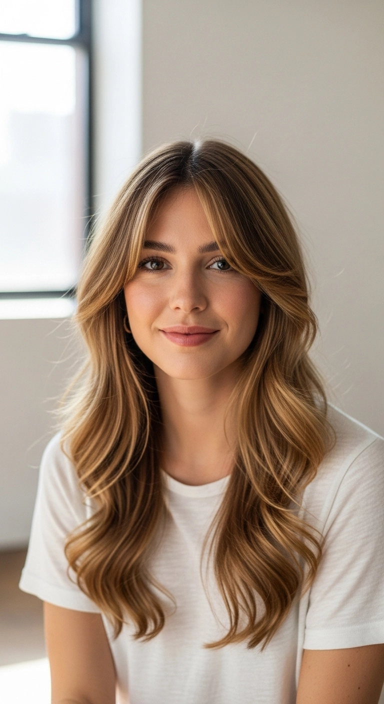 Sun-Kissed Golden Honey Balayage with Fluffy Curtain Bangs